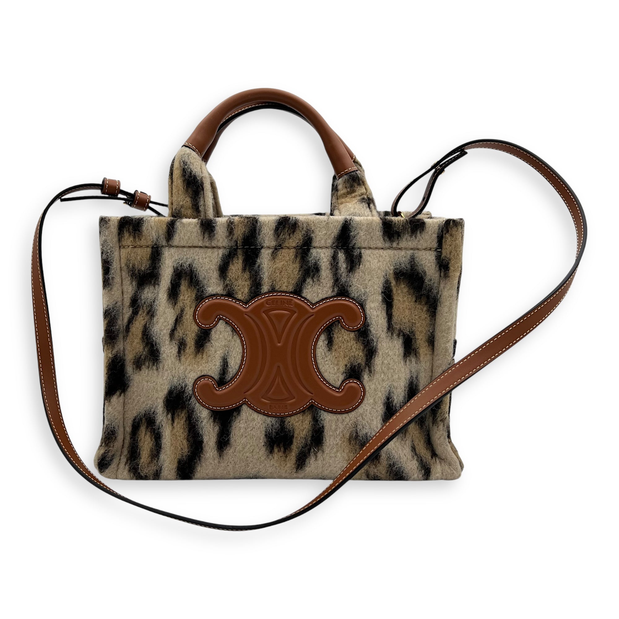 Celine Cabas Small Brown Tote Bag in Wool, Gold hardware_10