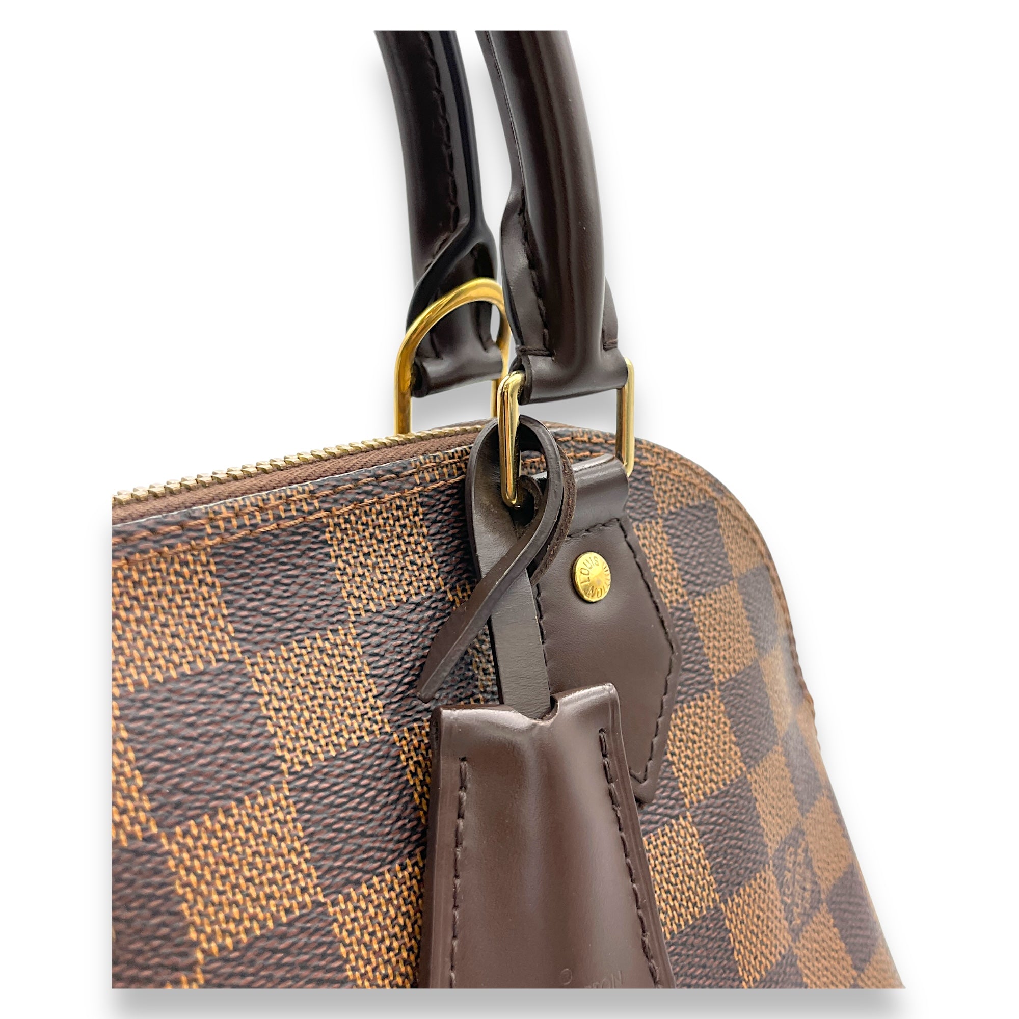 Alma BB Damier Ebene Top Handle Bag in Coated Canvas, Gold hardware