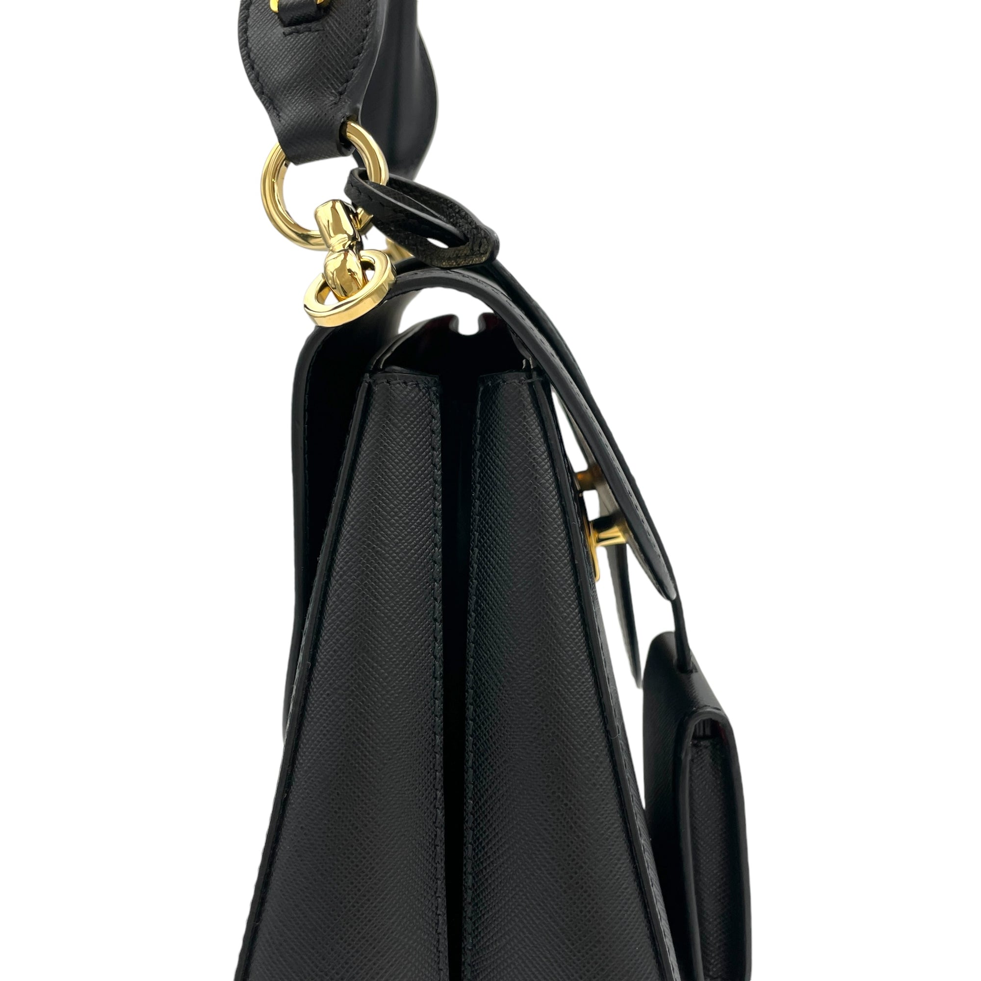 Sidonie Large Black Top Handle Bag in Saffiano Leather, Gold hardware