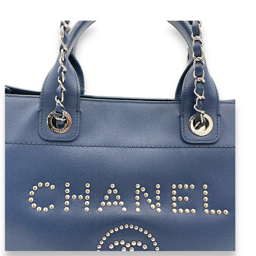 Deauville Top Handle Bag Blue in Caviar Leather, Silver hardware