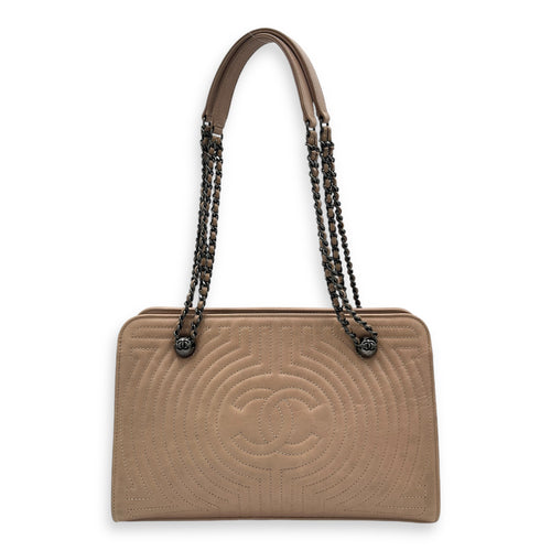 CC Quilted Beige Tote Bag in Calfskin, Ruthenium hardware