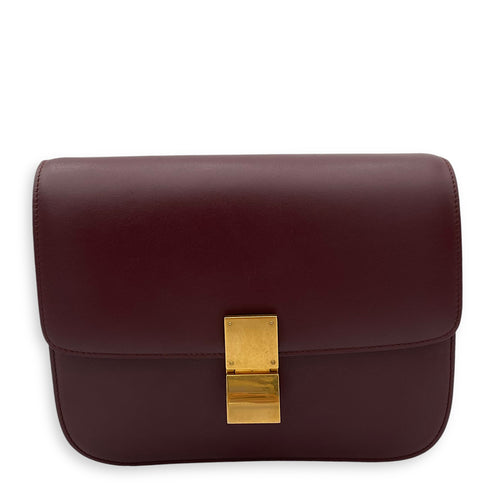 Box Medium Red Shoulder Bag in Calfskin, Brushed Gold hardware