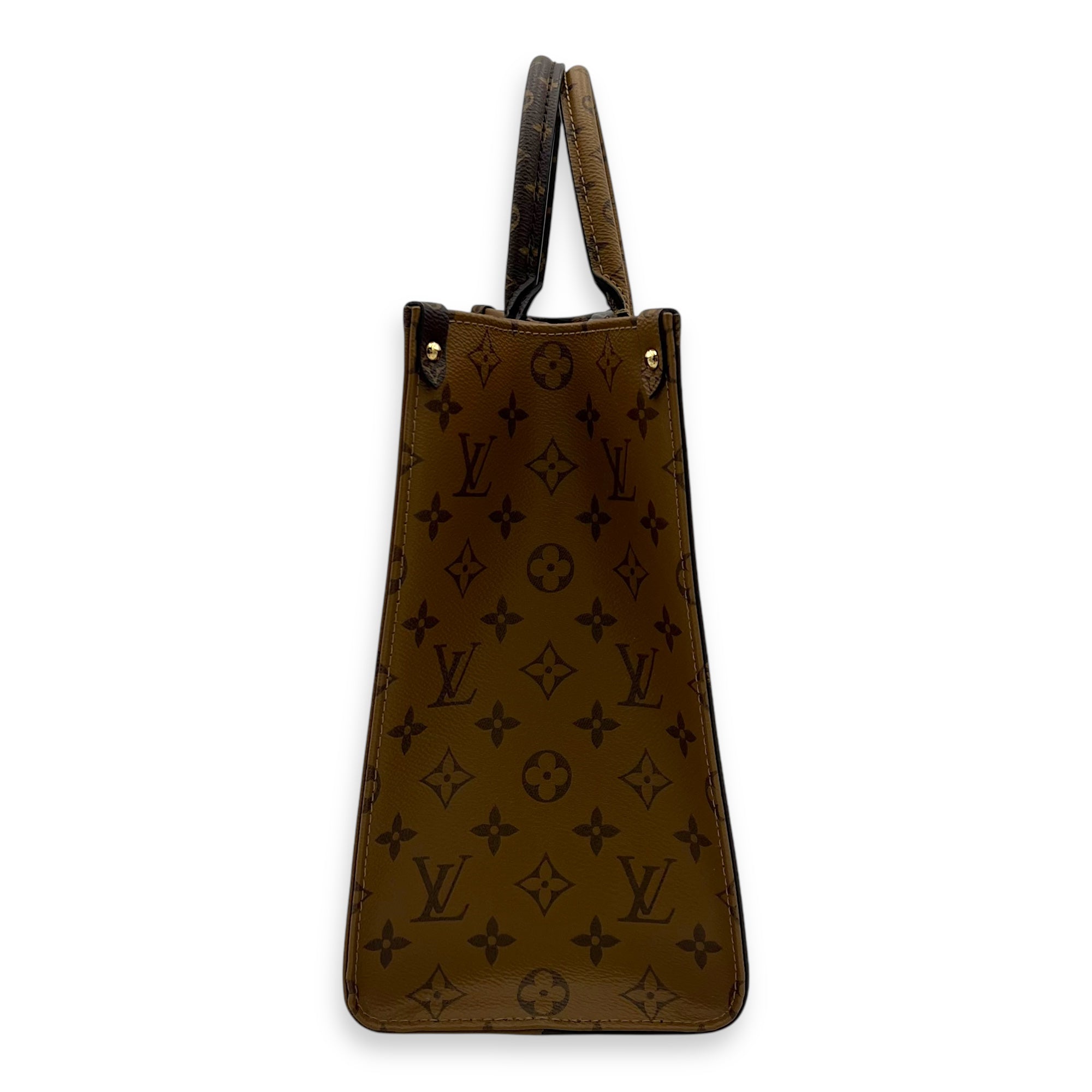 Louis Vuitton OnTheGo Top Handle Bag Brown in Coated Canvas, Gold hardware_4