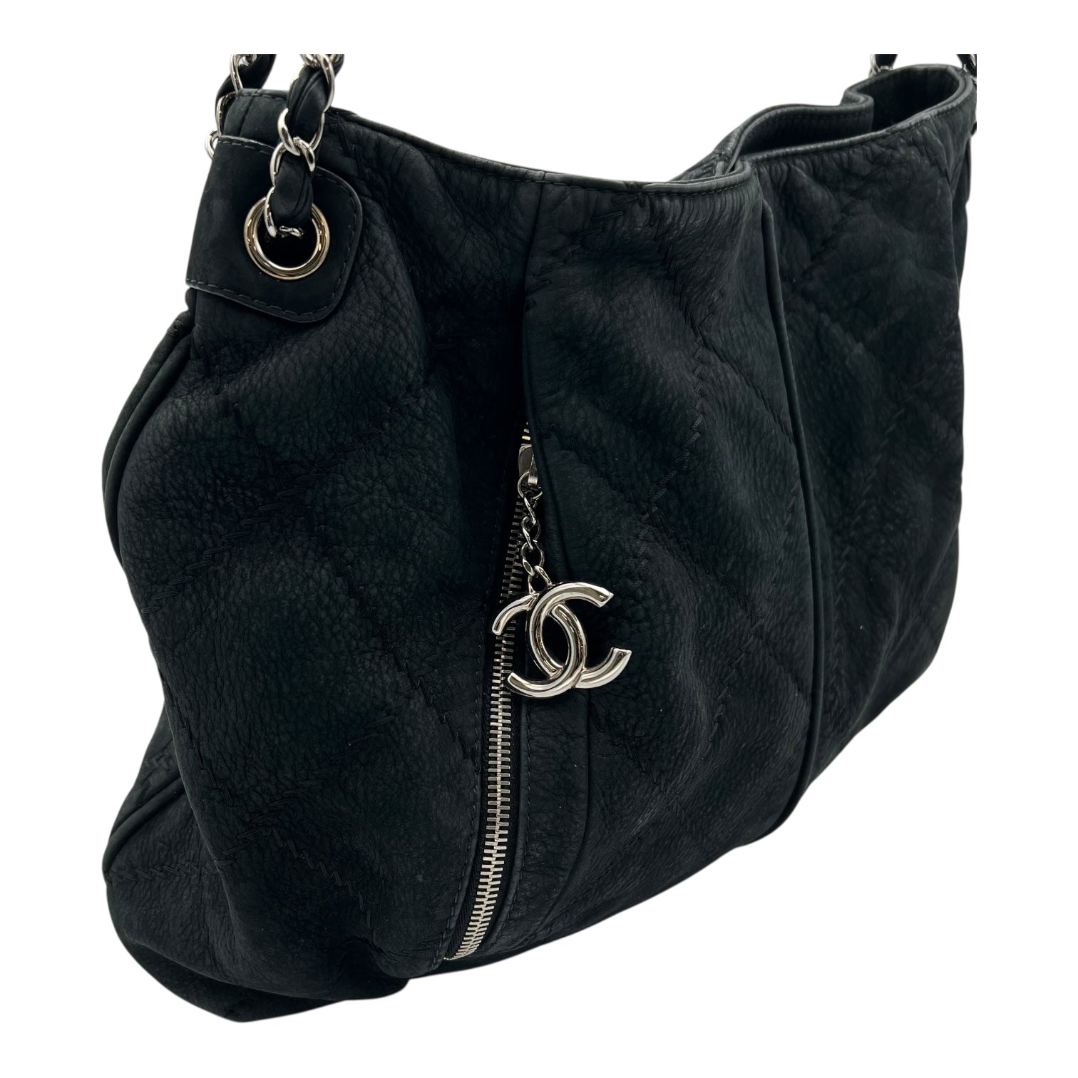Chanel CC Shoulder Bag Grey in Calfskin, Silver hardware_8