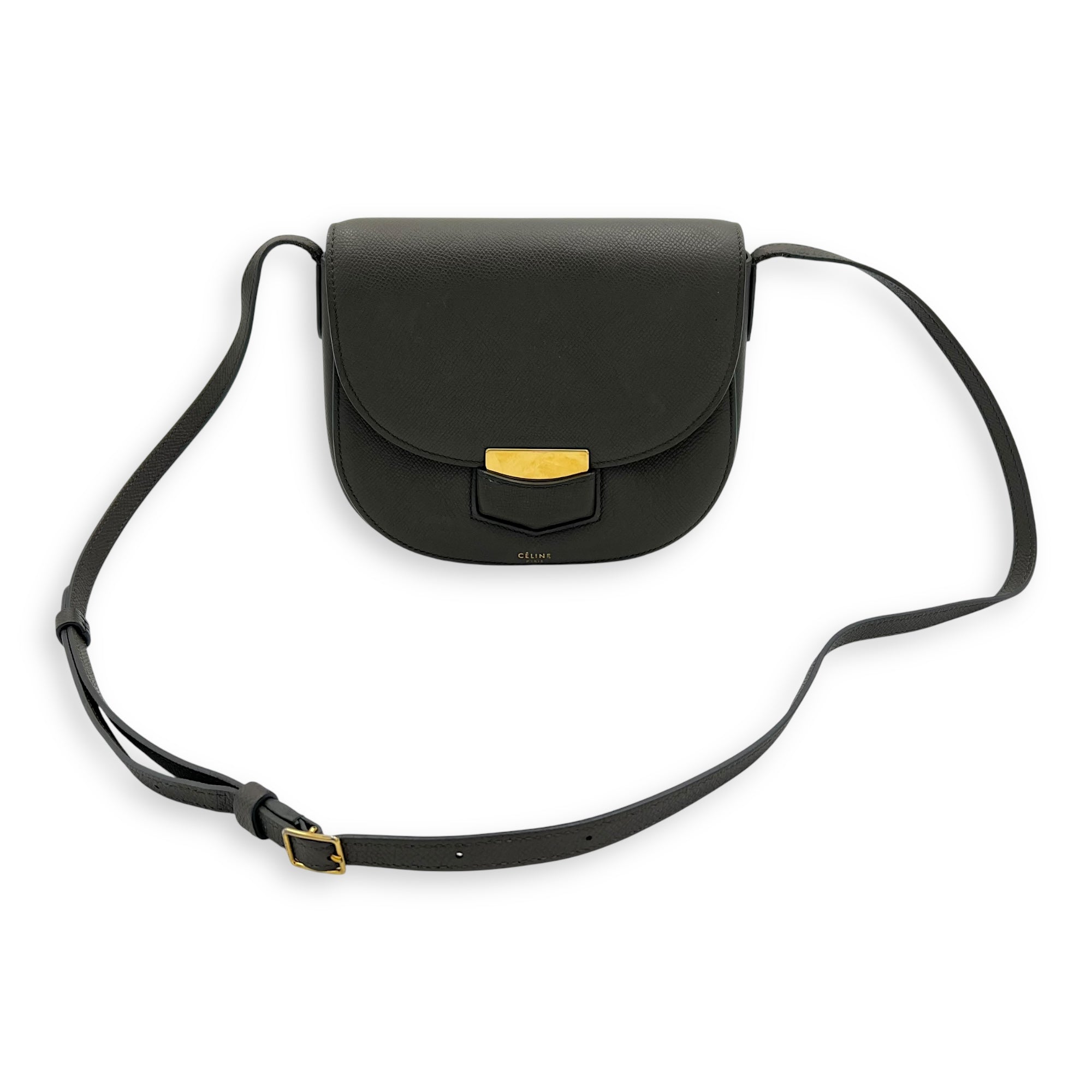 Celine Trotteur Crossbody Bag Grey in Calfskin, Gold hardware_14