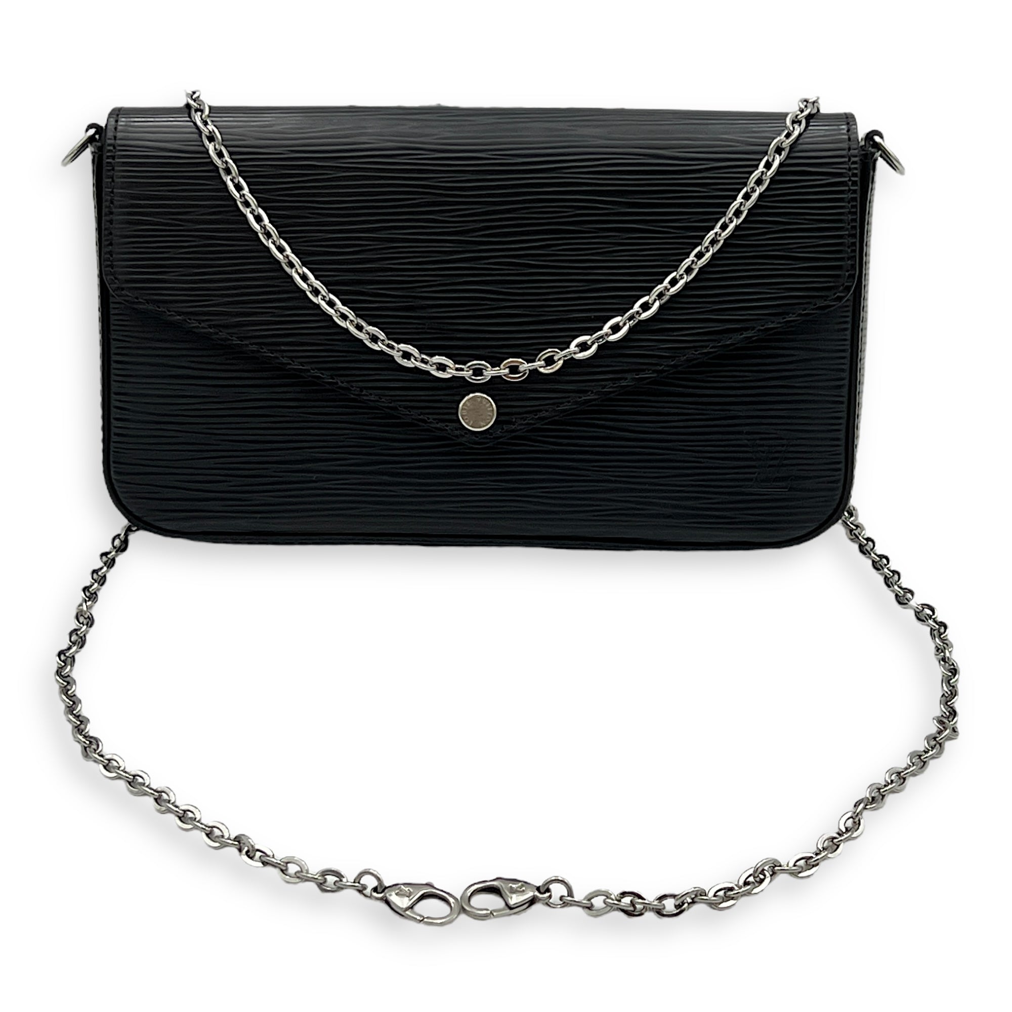 Felicie Black Wallet On Chain in Epi Leather, Silver hardware