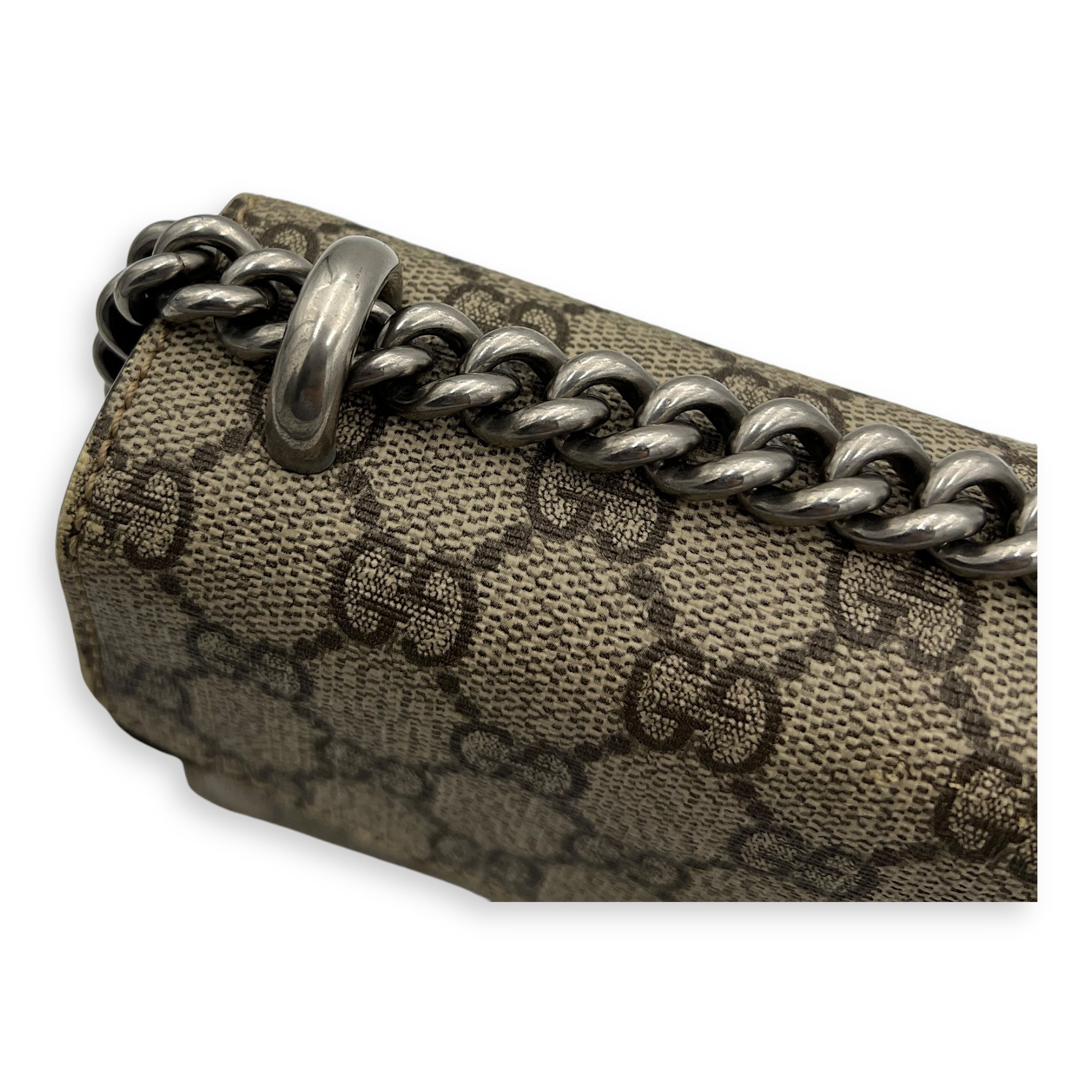 Dionysus Mini Brown Crossbody Bag in Monogram Coated Canvas, Silver hardware