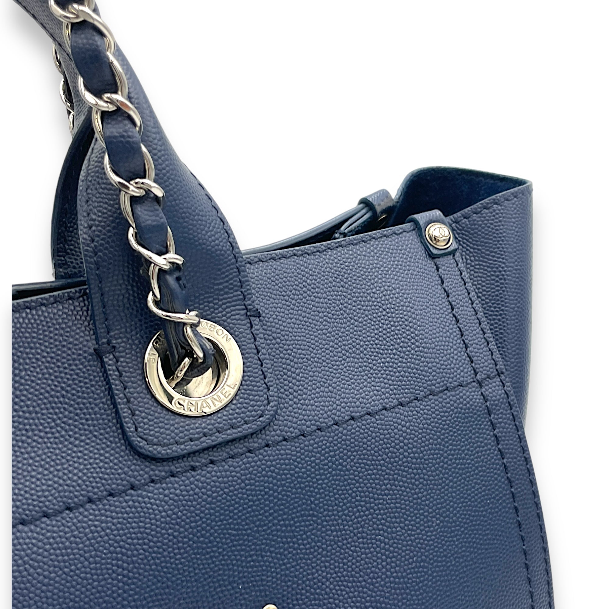 Deauville Top Handle Bag Blue in Caviar Leather, Silver hardware