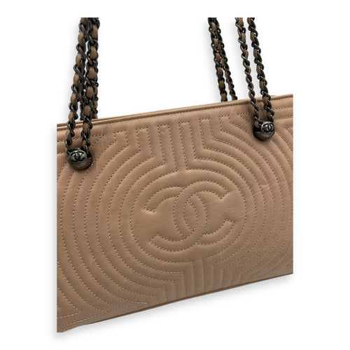 CC Quilted Beige Tote Bag in Calfskin, Ruthenium hardware