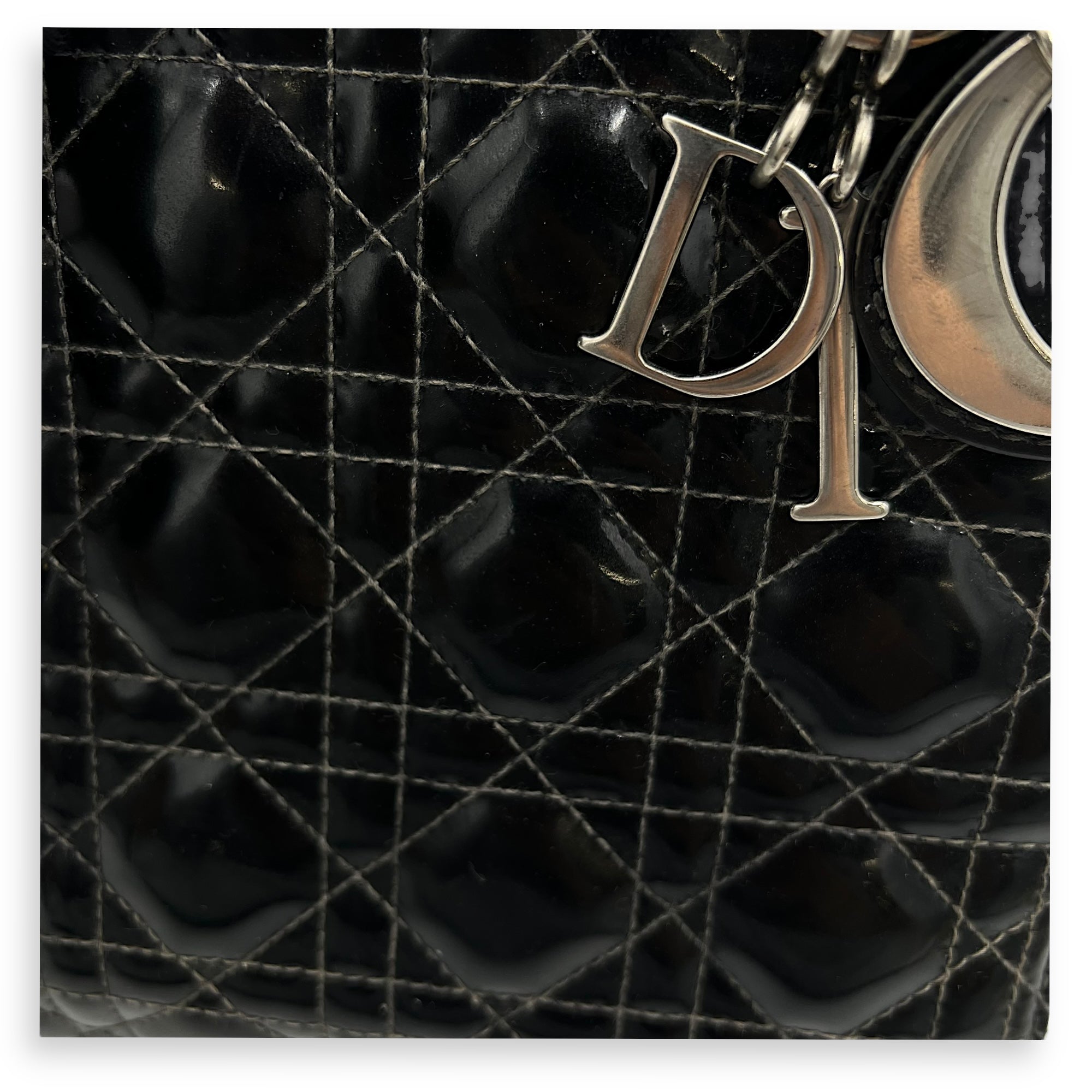 Lady Dior Top Handle Bag Medium Black in Patent Leather, Silver hardware