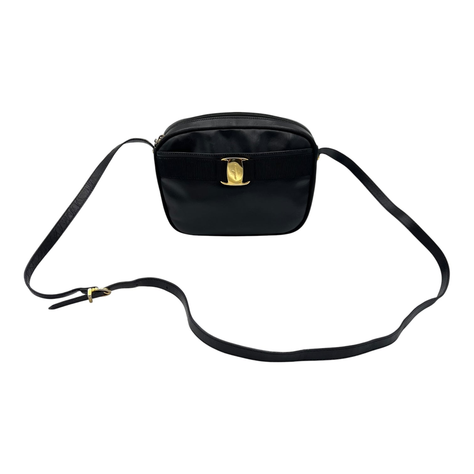 Salvatore Ferragamo Vara Bow Crossbody Bag Black in Calfskin, Gold hardware_12