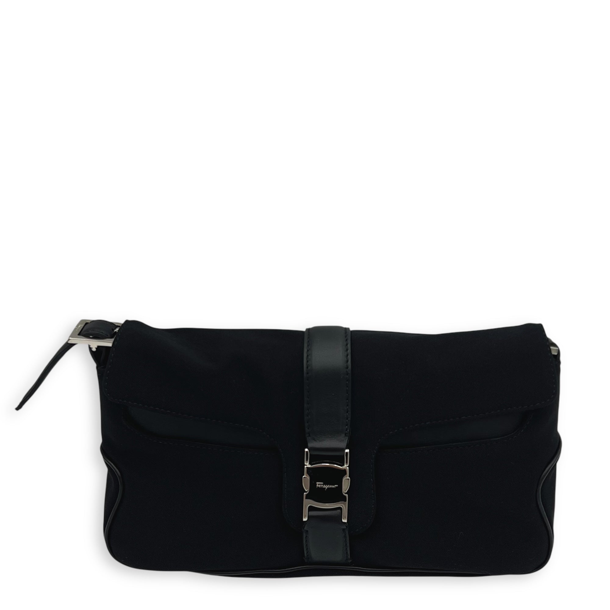 Salvatore Ferragamo Logo Shoulder Bag Black in Nylon, Silver hardware_1