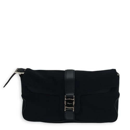 Salvatore Ferragamo Logo Shoulder Bag Black in Nylon, Silver hardware_1