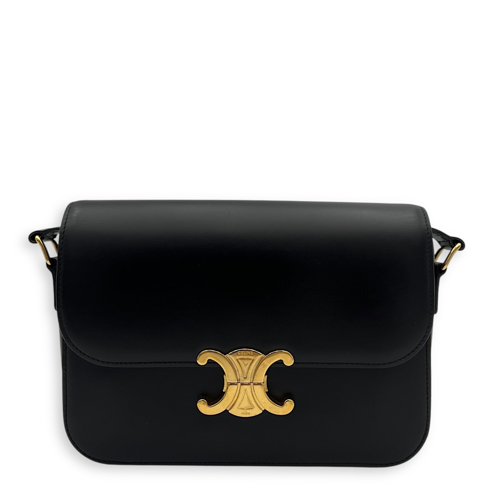 Celine Triomphe Medium Black Shoulder Bag in Calfskin, Gold hardware_1