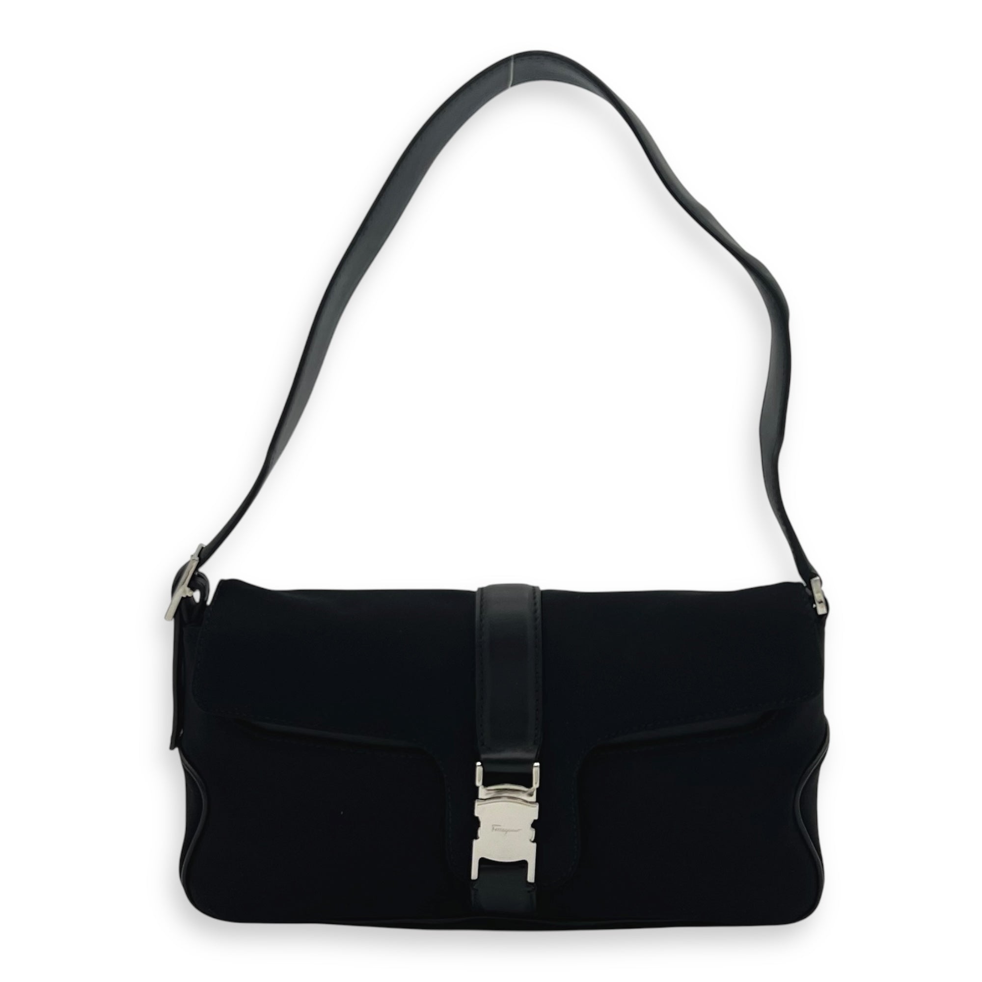 Salvatore Ferragamo Logo Shoulder Bag Black in Nylon, Silver hardware_9