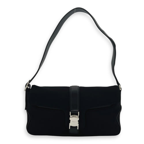 Salvatore Ferragamo Logo Shoulder Bag Black in Nylon, Silver hardware_9