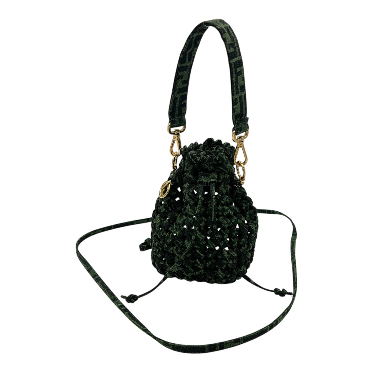 Fendi Mon Tresor Crossbody Bag Green in Canvas, Gold hardware_10