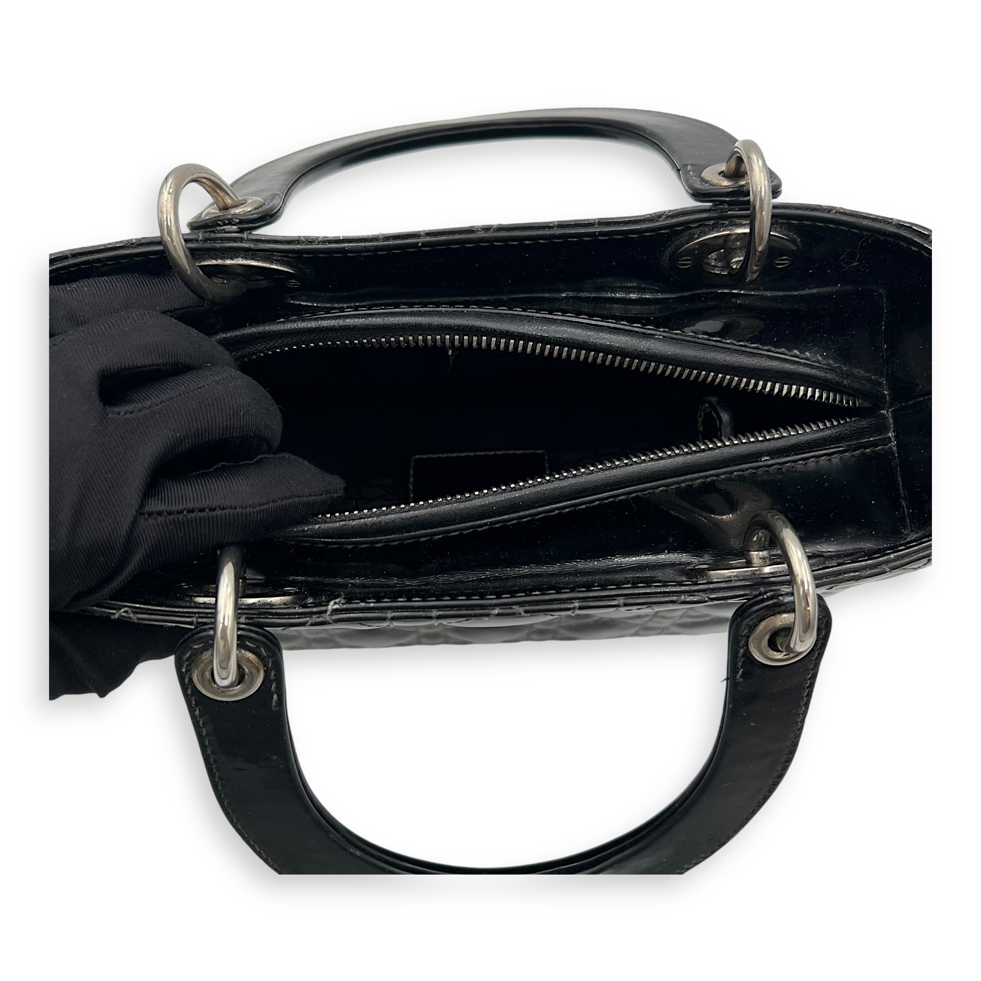 Lady Dior Top Handle Bag Medium Black in Patent Leather, Silver hardware