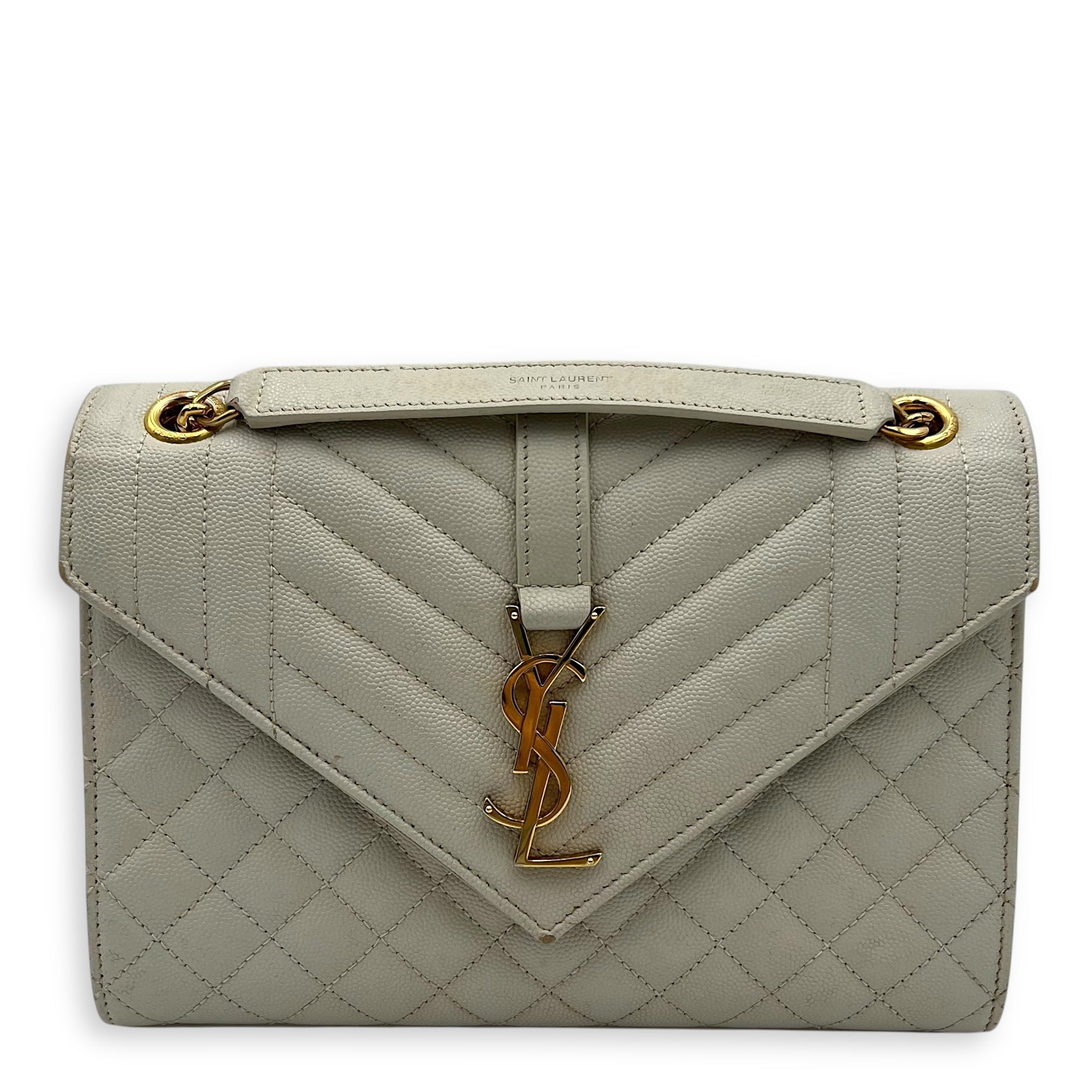 Saint Laurent Envelope Shoulder Bag White in Caviar Leather, Gold hardware_1