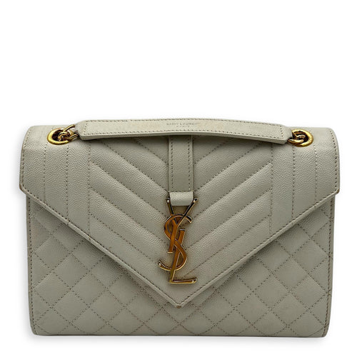 Saint Laurent Envelope Shoulder Bag White in Caviar Leather, Gold hardware_1