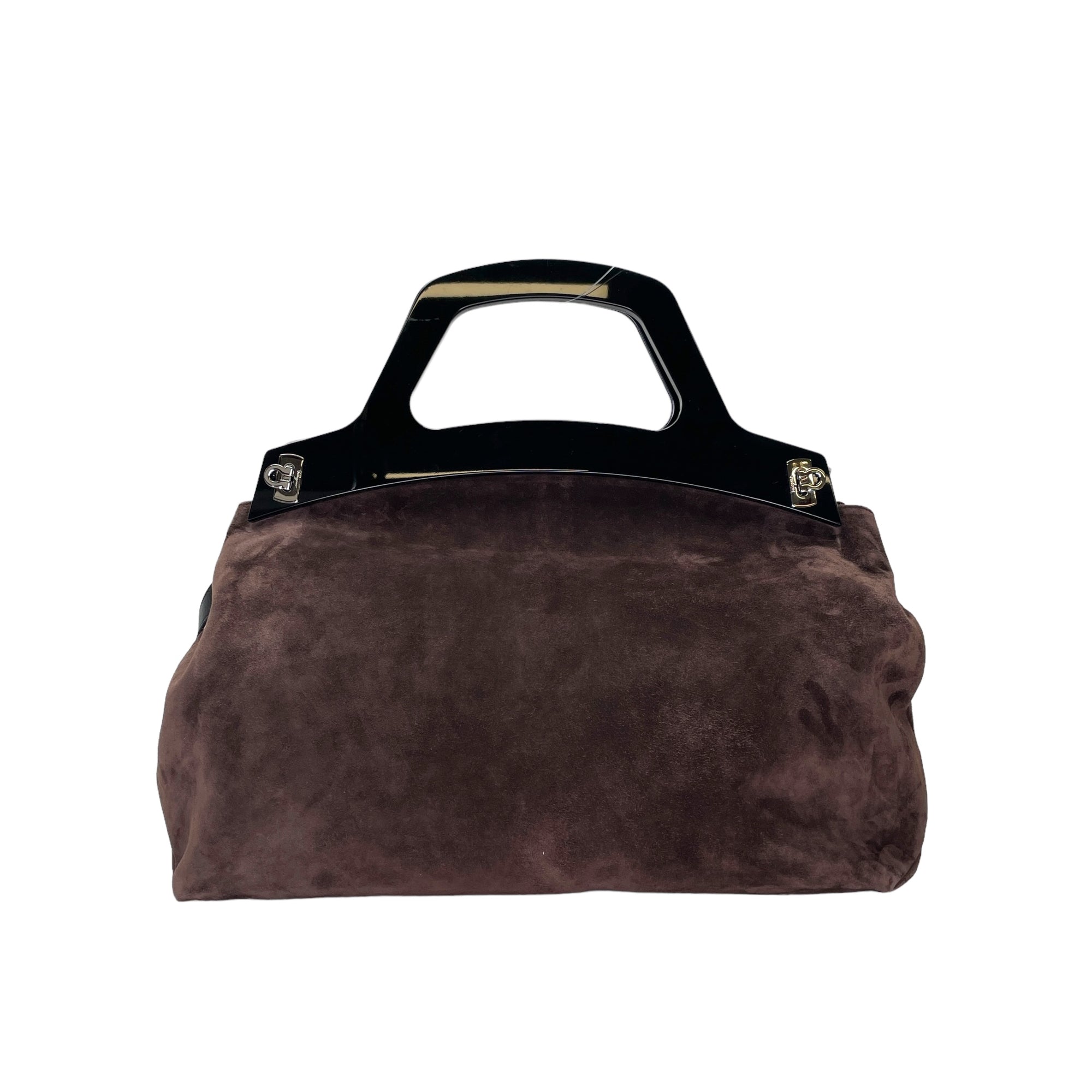 Gancini Two-Way Brown Top Handle Bag in Suede Leather, Silver hardware