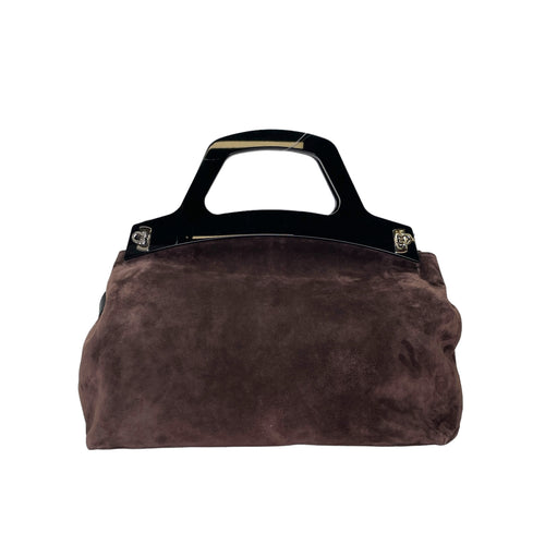 Gancini Two-Way Brown Top Handle Bag in Suede Leather, Silver hardware