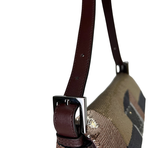 Baguette Abstract Blocks Brown Shoulder Bag in Sequins, Silver hardware