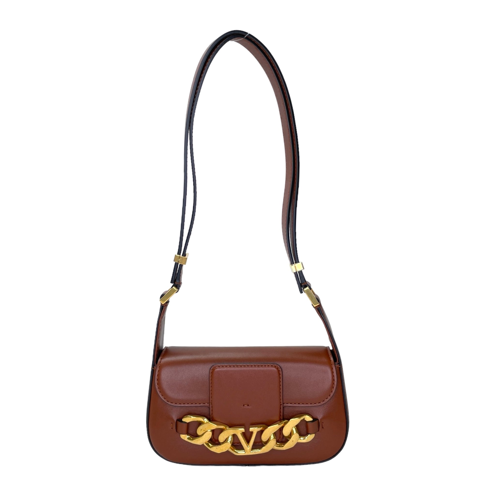 VLogo Chain Small Brown Shoulder Bag in Calfskin, Gold hardware