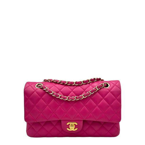 Classic Shoulder Bag Medium Fuschia Hot Pink in Lambskin , Gold Hardware