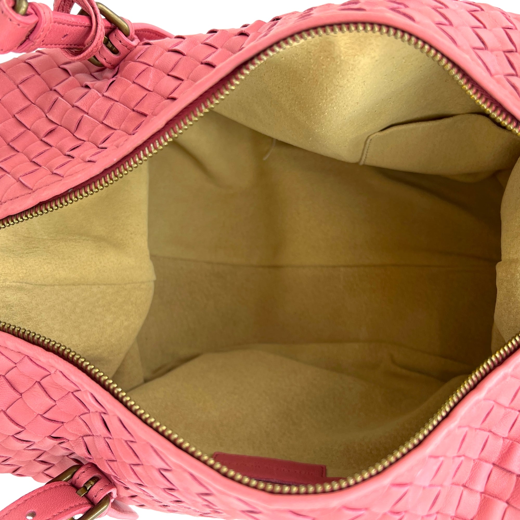 Boston Pink Top Handle Bag in Intrecciato Leather, Brushed Gold hardware