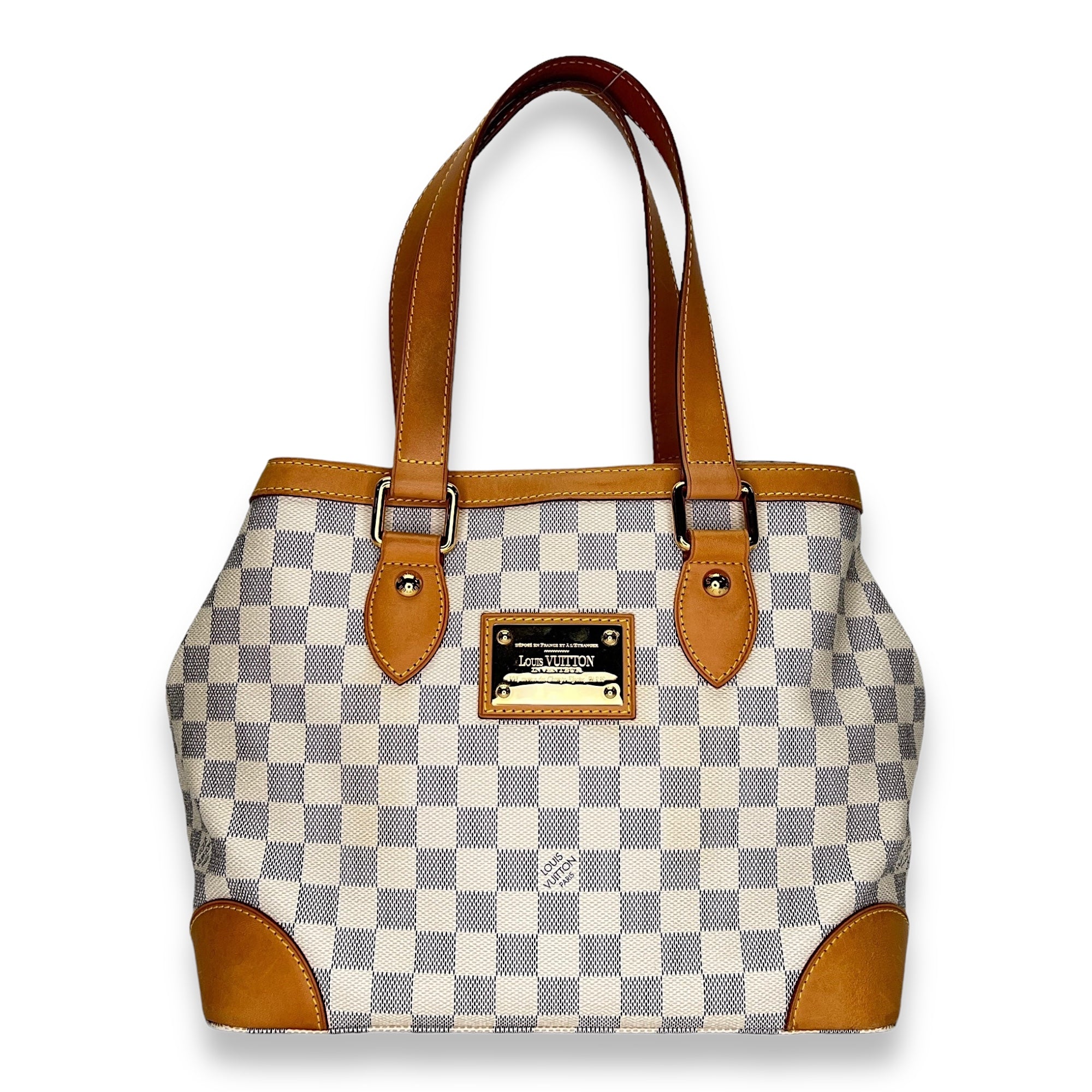 Hampstead PM Damier Azur Top Handle Bag in Coated Canvas, Gold hardware