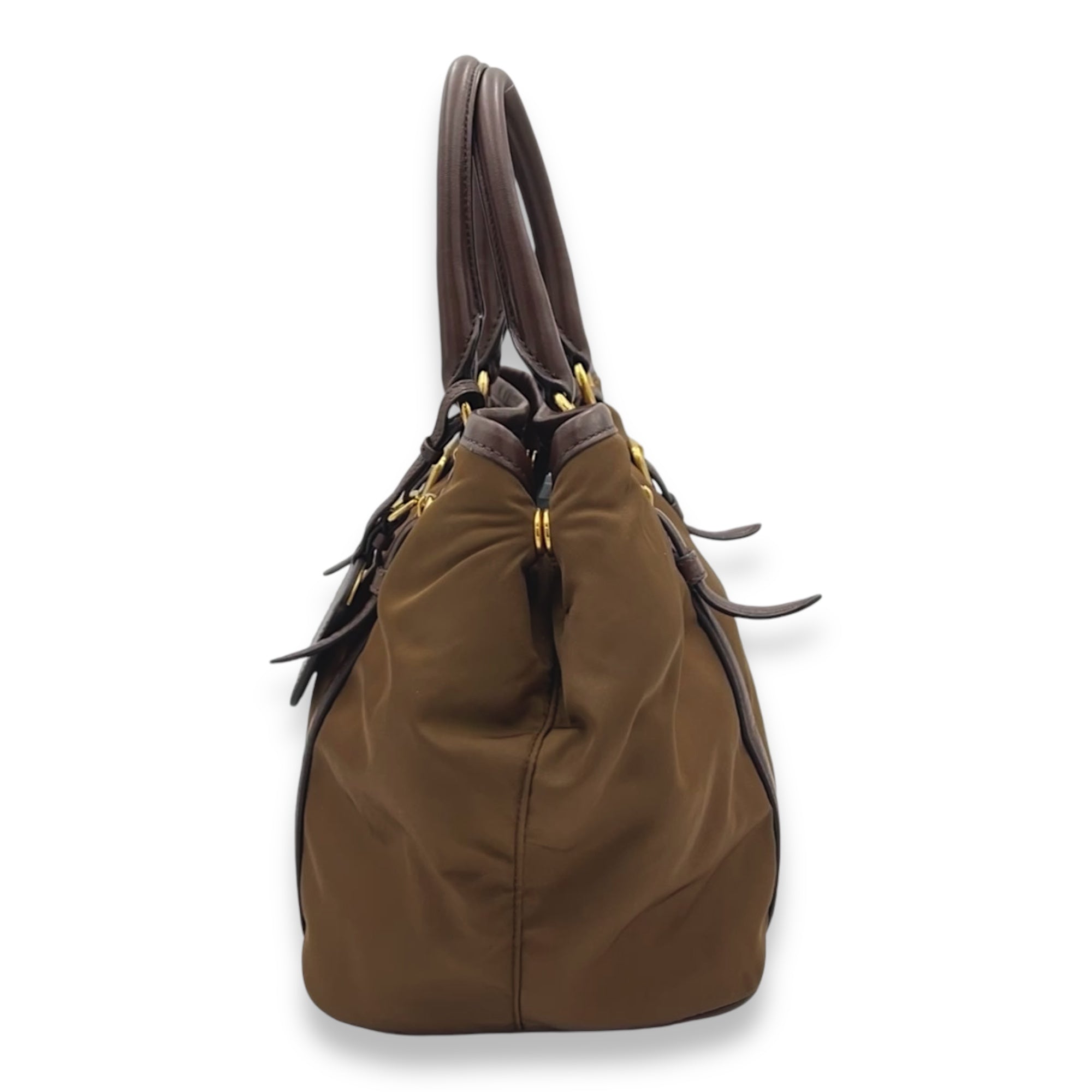 Tessuto Brown Top Handle Bag in Nylon, Gold hardware