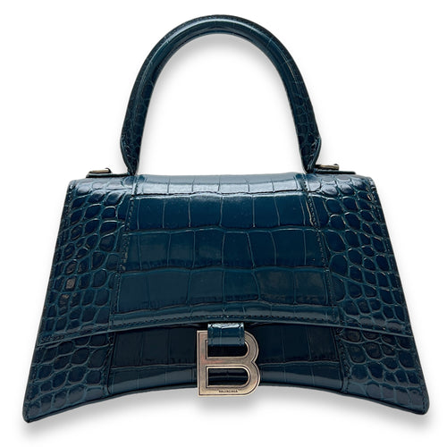 Hourglass Small Teal Top Handle Bag in Crocodile Embossed Calfskin, Silver hardware