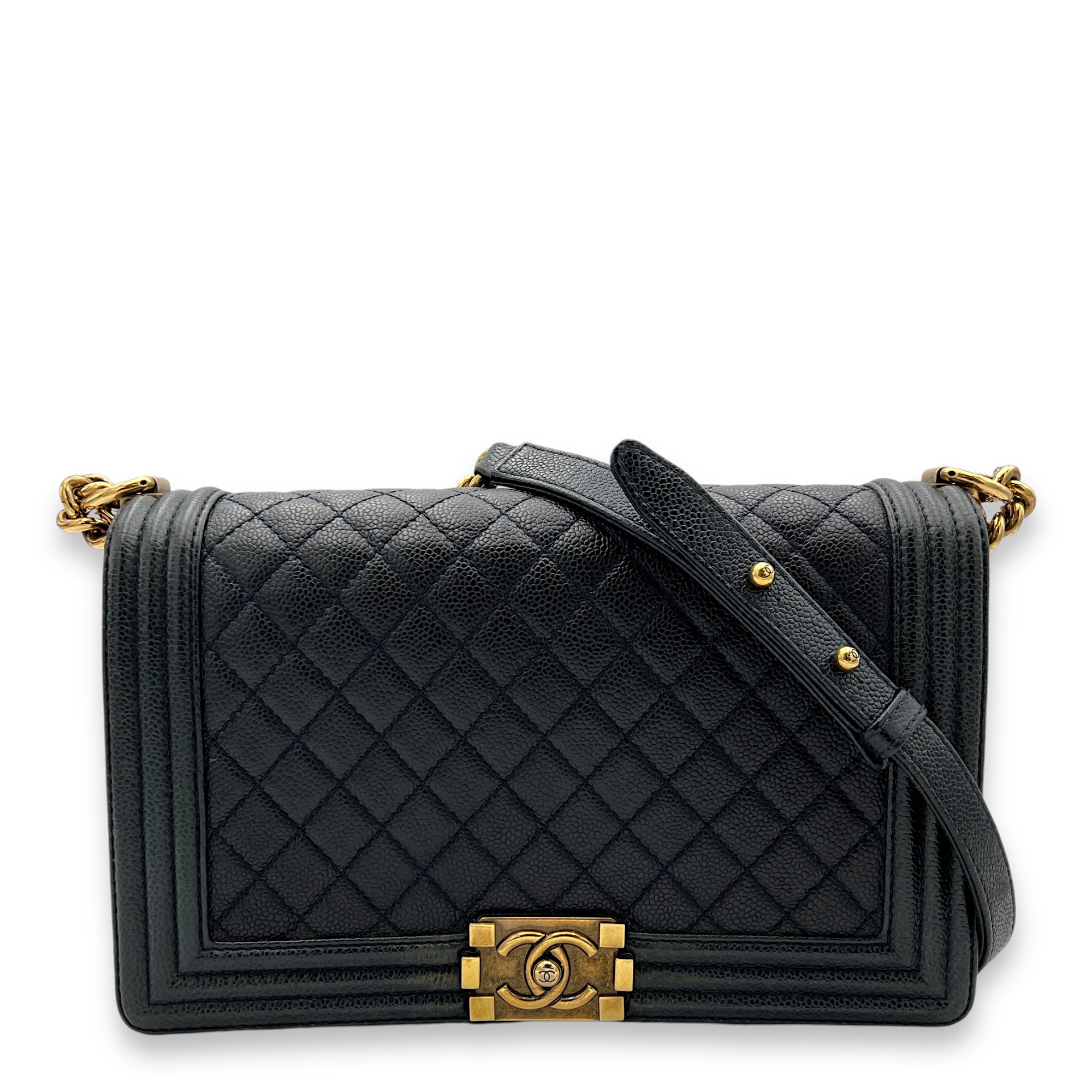 Boy Medium Navy Shoulder Bag in Caviar Leather, Gold hardware