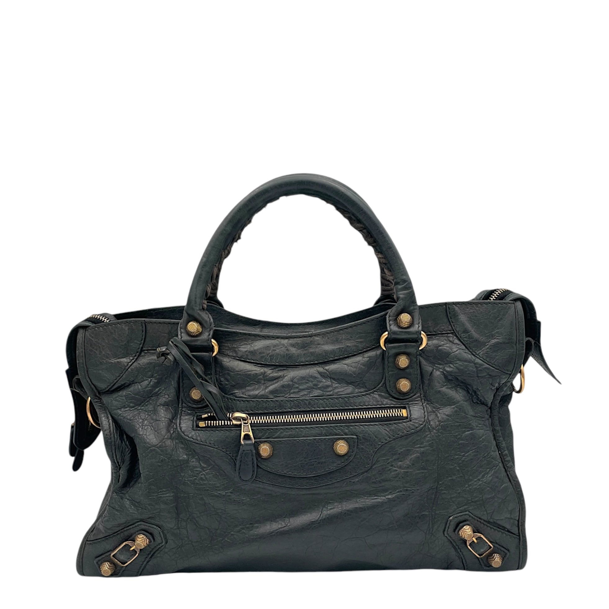 City Medium Dark Grey Shoulder Bag in Distressed Leather, Gold hardware