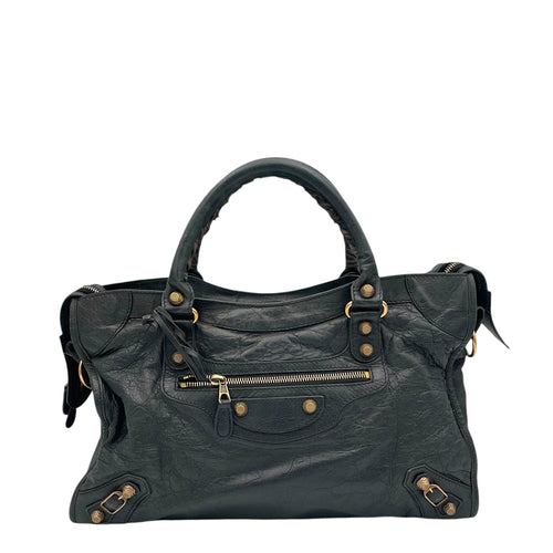 City Medium Dark Grey Shoulder Bag in Distressed Leather, Gold hardware