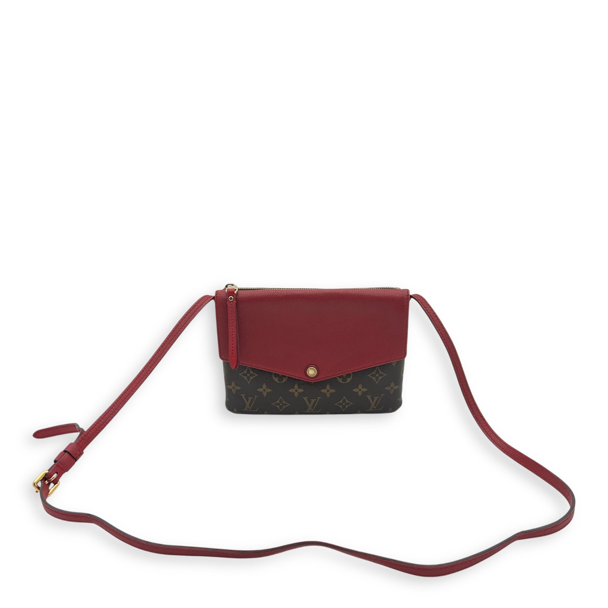 Louis Vuitton Twice Crossbody Bag Small Red in Monogram Coated Canvas, Gold hardware_1