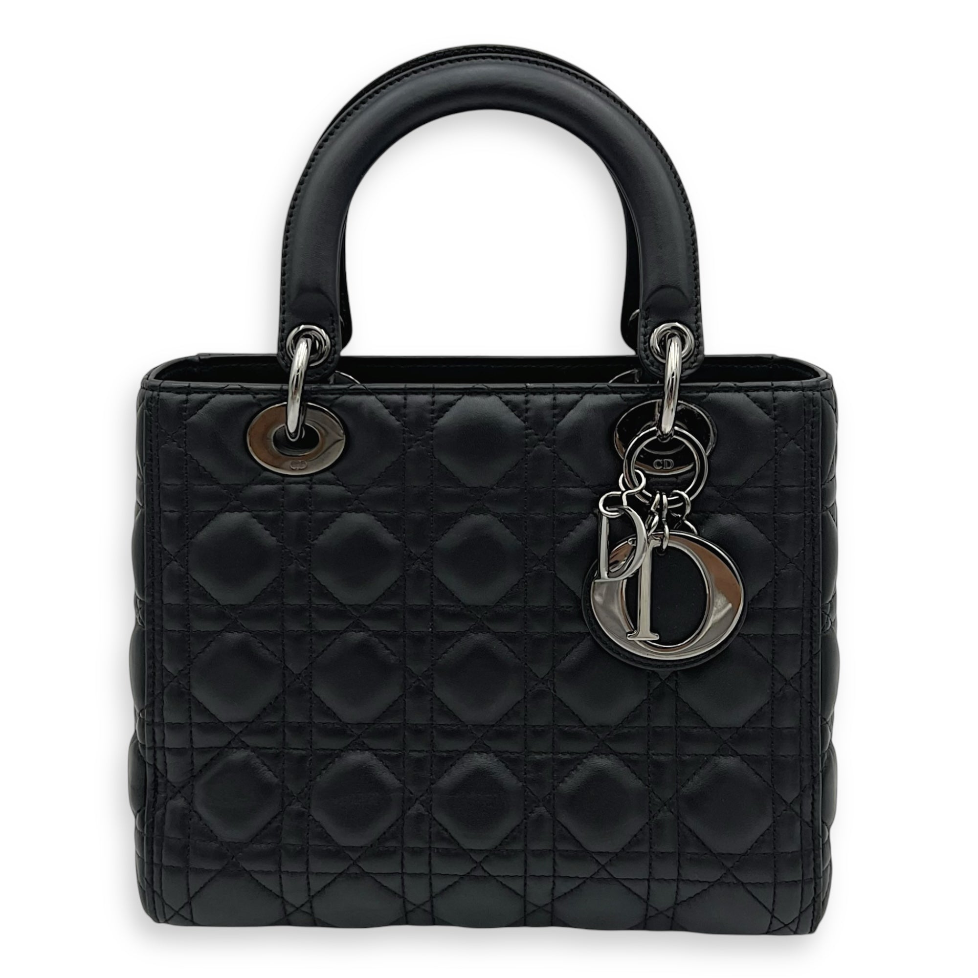 Christian Dior Lady Dior Medium Black Top Handle Bag in Calfskin, Gunmetal hardware_1
