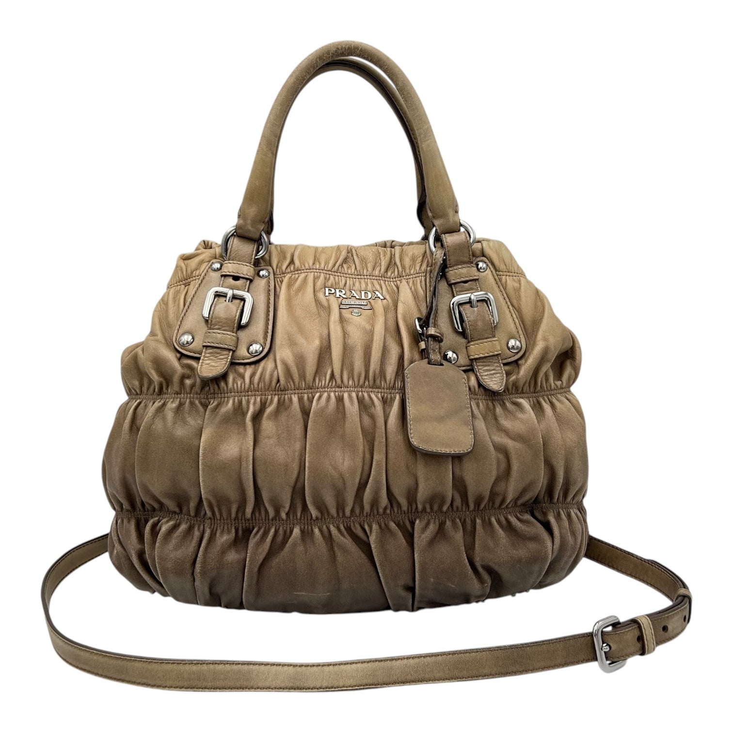 Prada Gaufre Top Handle Bag Brown in Calfskin, Silver hardware_9