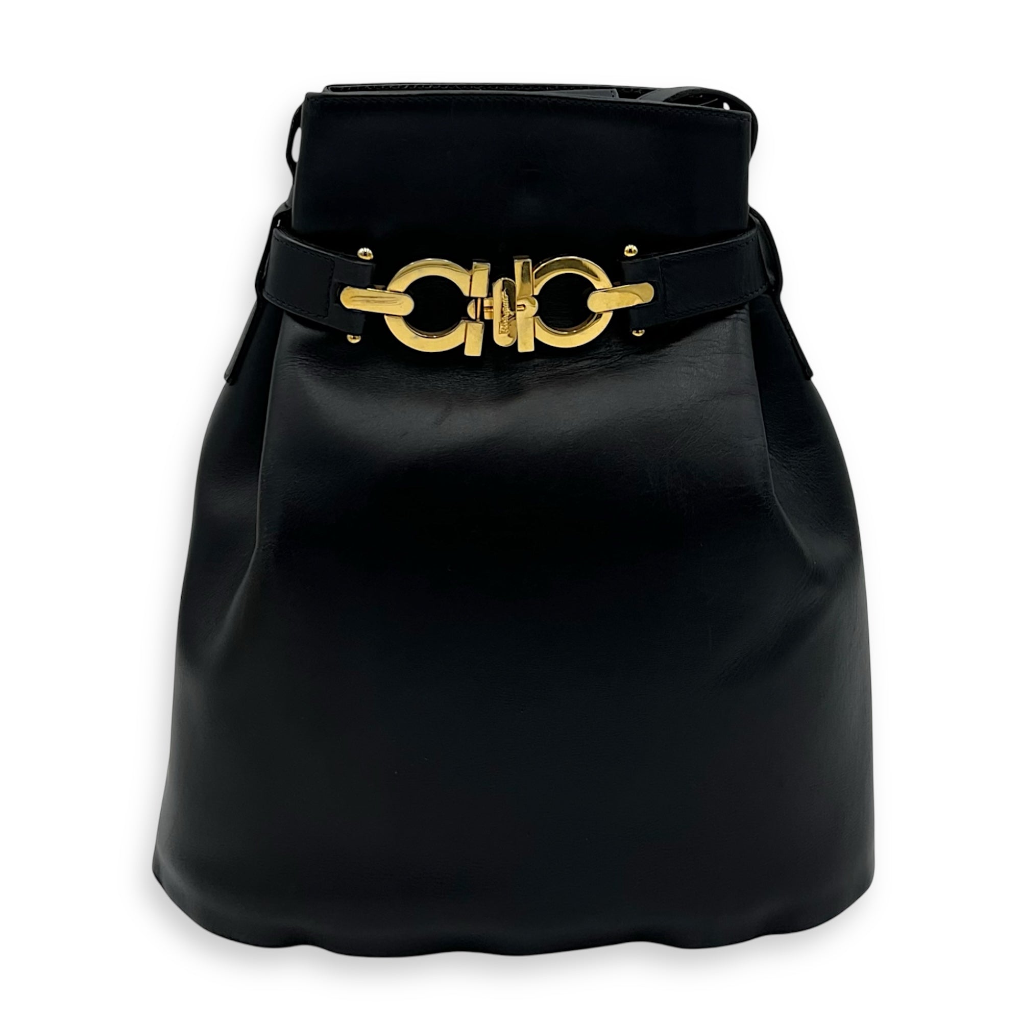 Salvatore Ferragamo Gancini Shoulder Bag Black in Calfskin, Gold hardware_1