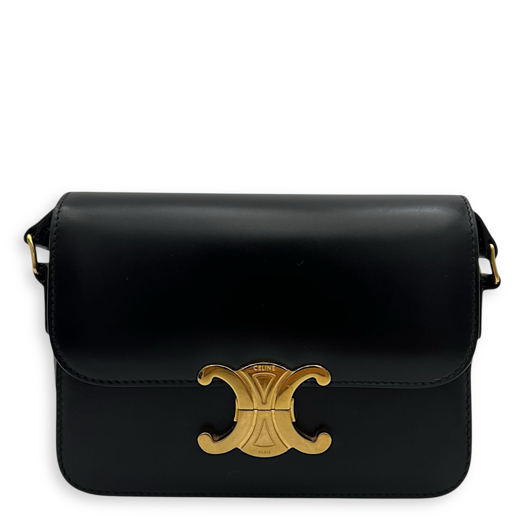 Celine Triomphe Shoulder Bag Teen Black in Calfskin, Gold hardware_1