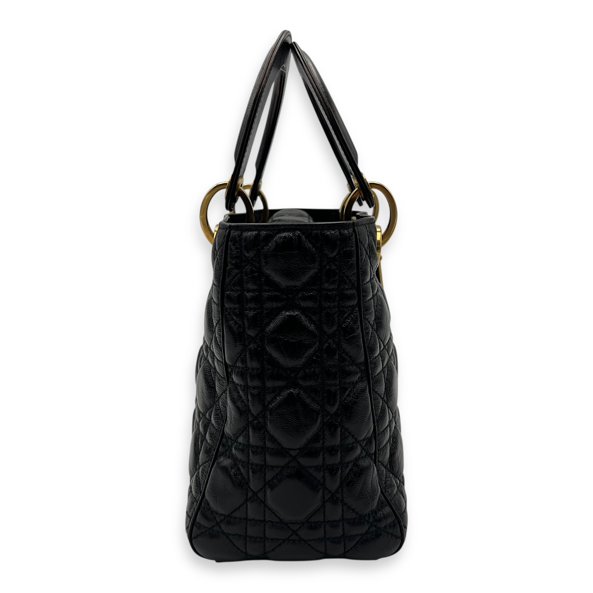 Christian Dior Lady Dior Top Handle Bag Medium Black in Calfskin, Gold hardware_4