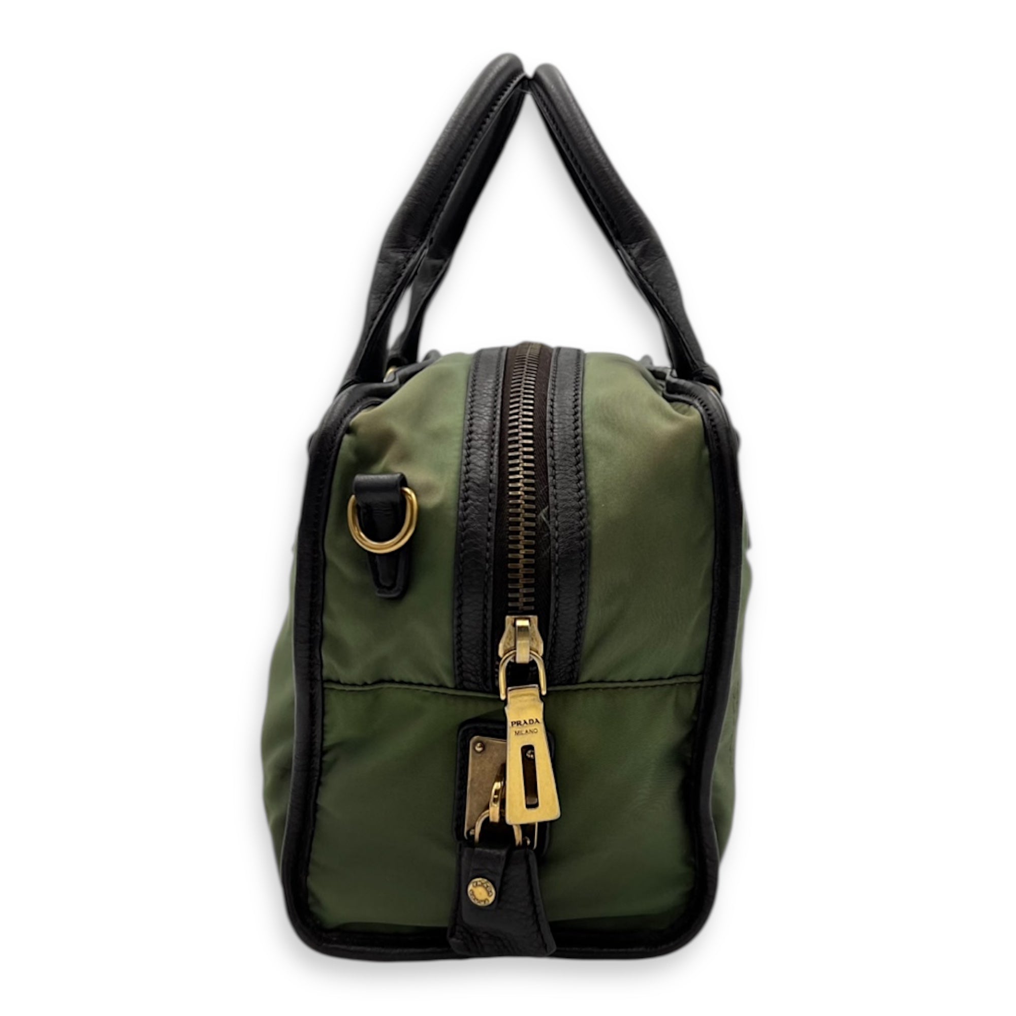 Prada Logo Top Handle Bag Green in Nylon, Gold hardware_4