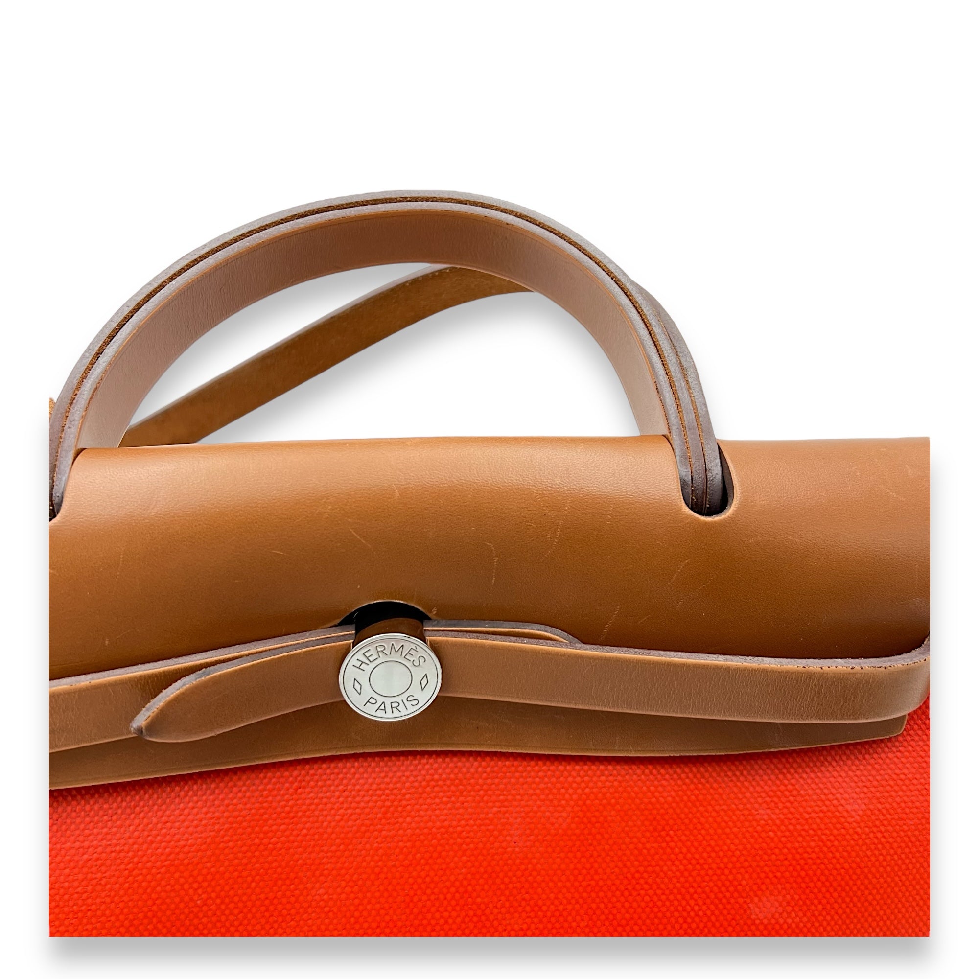 Hermès Herbag 31 Orange Mecano/ Ecru-beige/ Fauve Shoulder Bag in Toile, Palladium hardware_15
