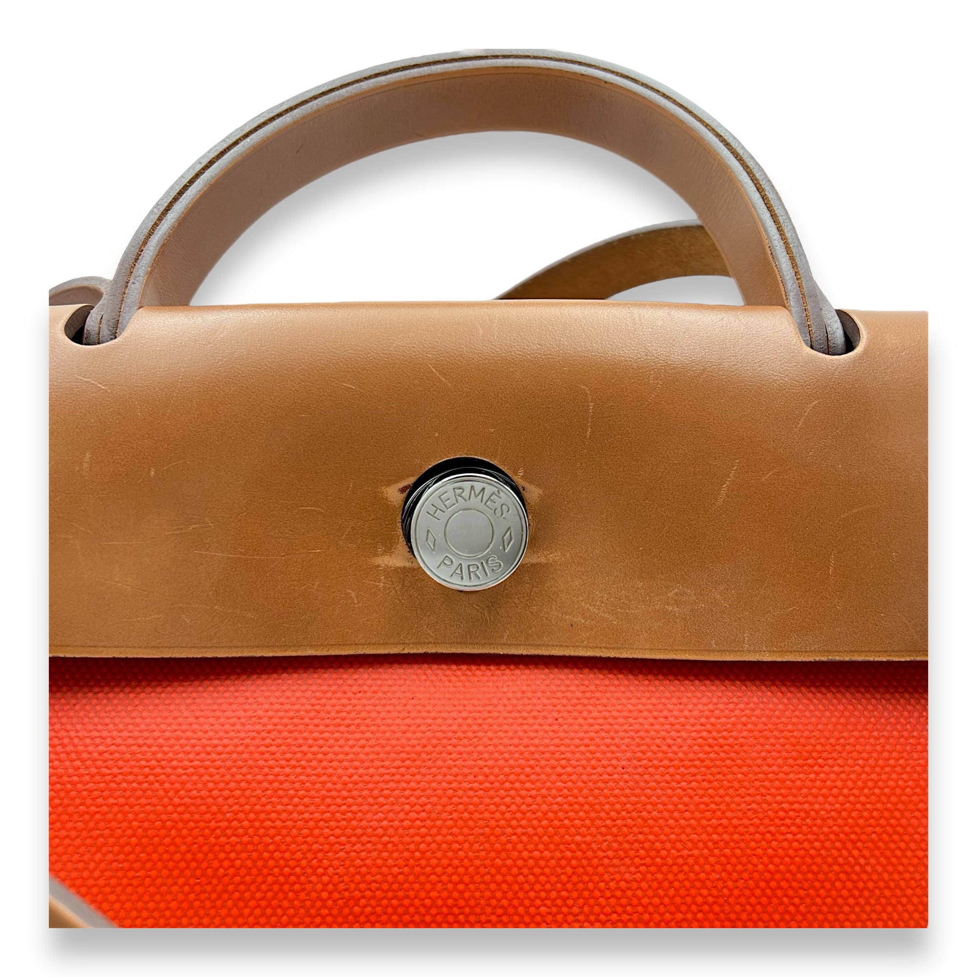 Hermès Herbag 31 Orange Mecano/ Ecru-beige/ Fauve Shoulder Bag in Toile, Palladium hardware_16