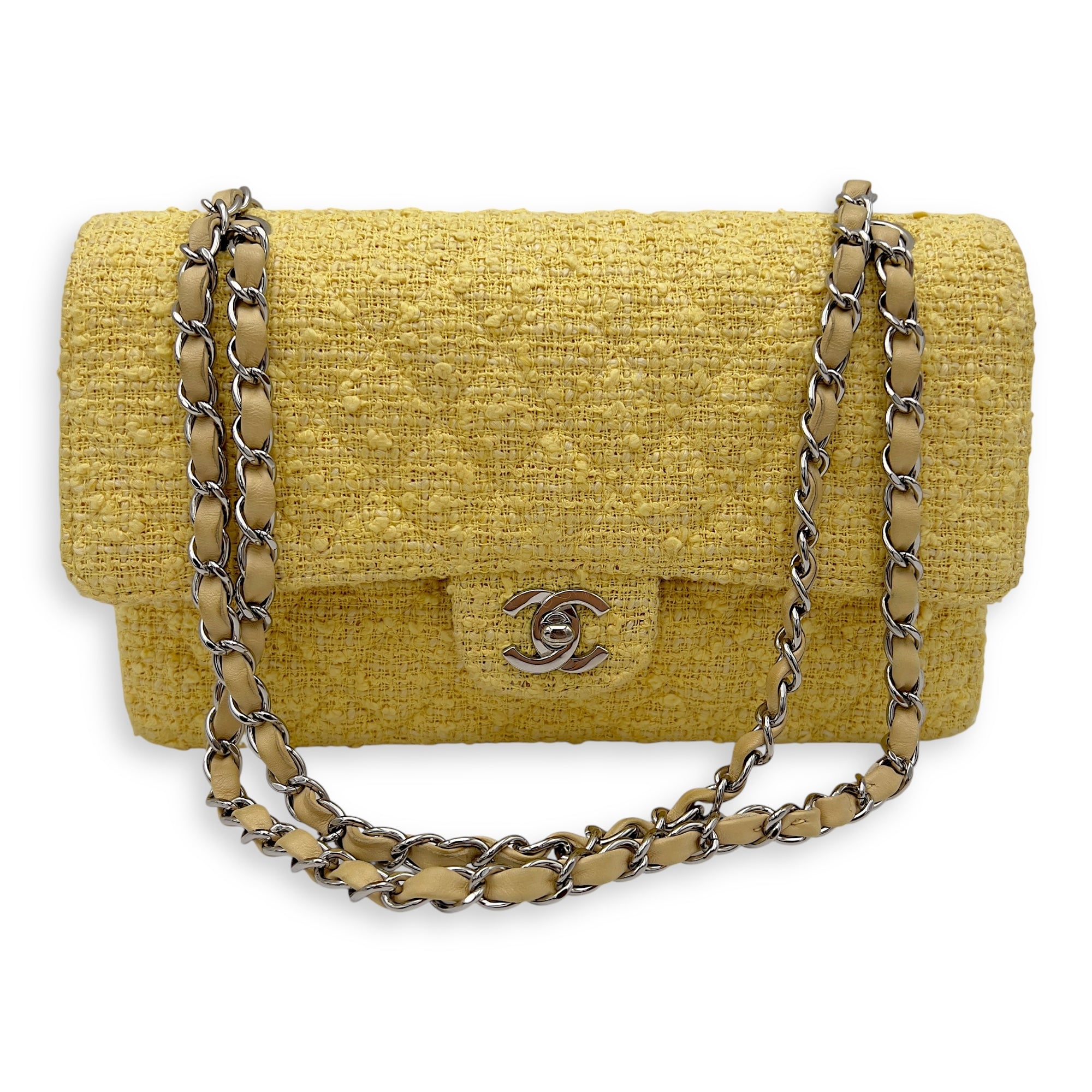 Chanel Classic Shoulder Bag Yellow in Tweed, Silver hardware_1