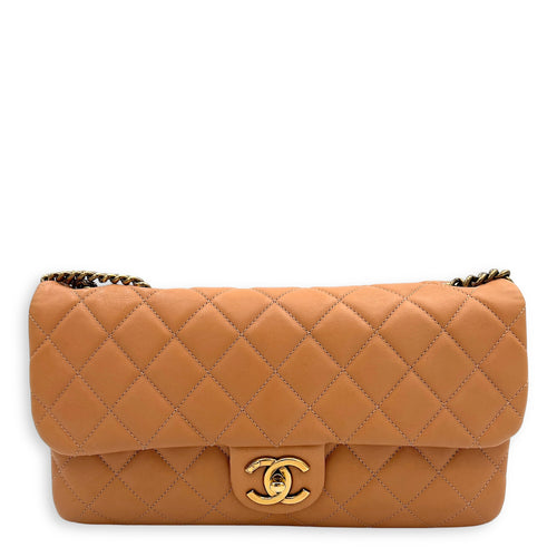 Chanel Quilted Zip Back Pocket Flap Shoulder Bag Brown in Calfskin, Gold hardware_1