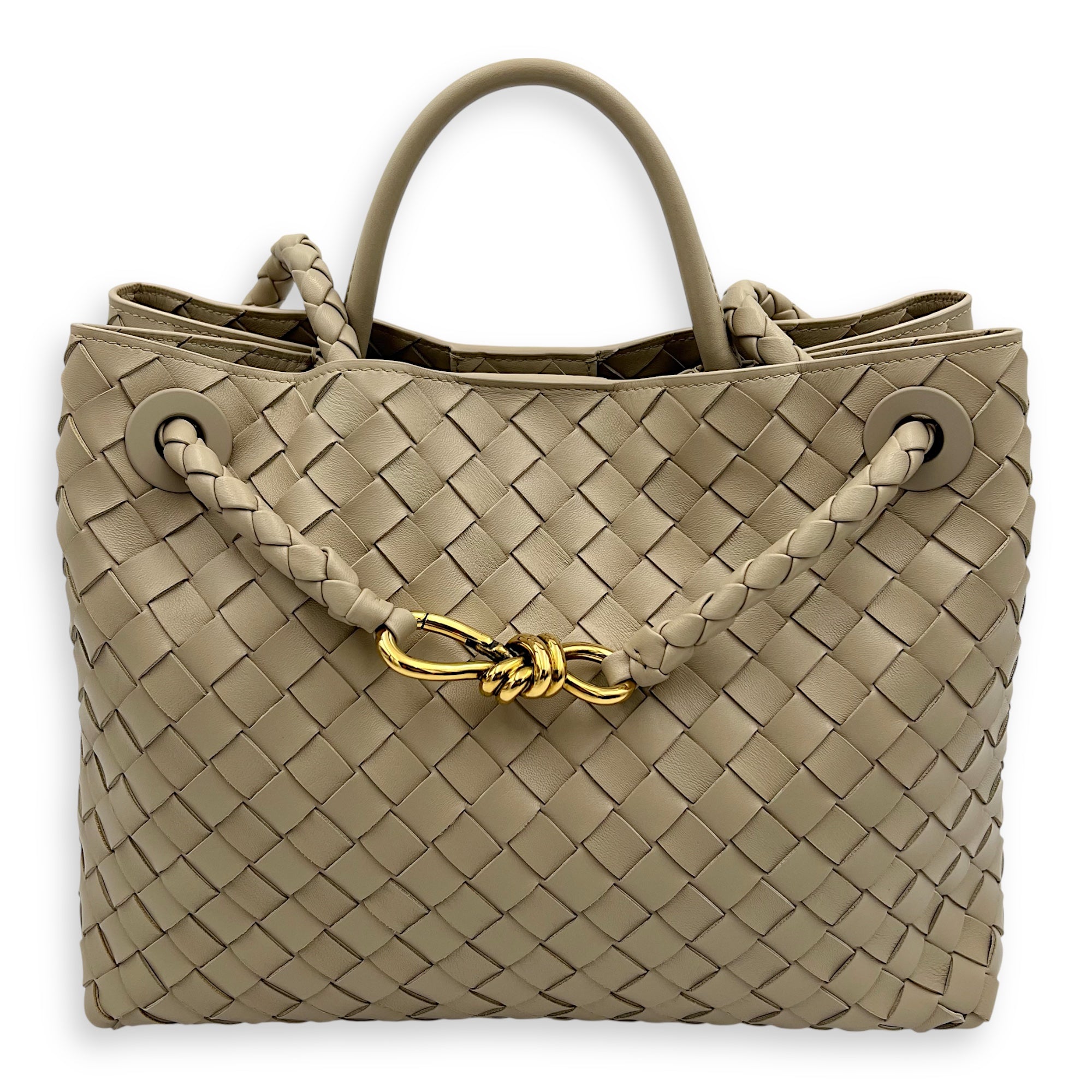 Bottega Veneta Andiamo Medium Beige Top Handle Bag in Calfskin, Gold hardware_1