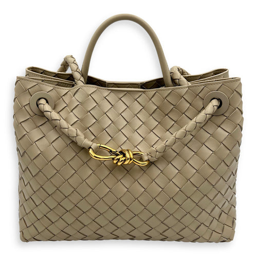 Bottega Veneta Andiamo Medium Beige Top Handle Bag in Calfskin, Gold hardware_1