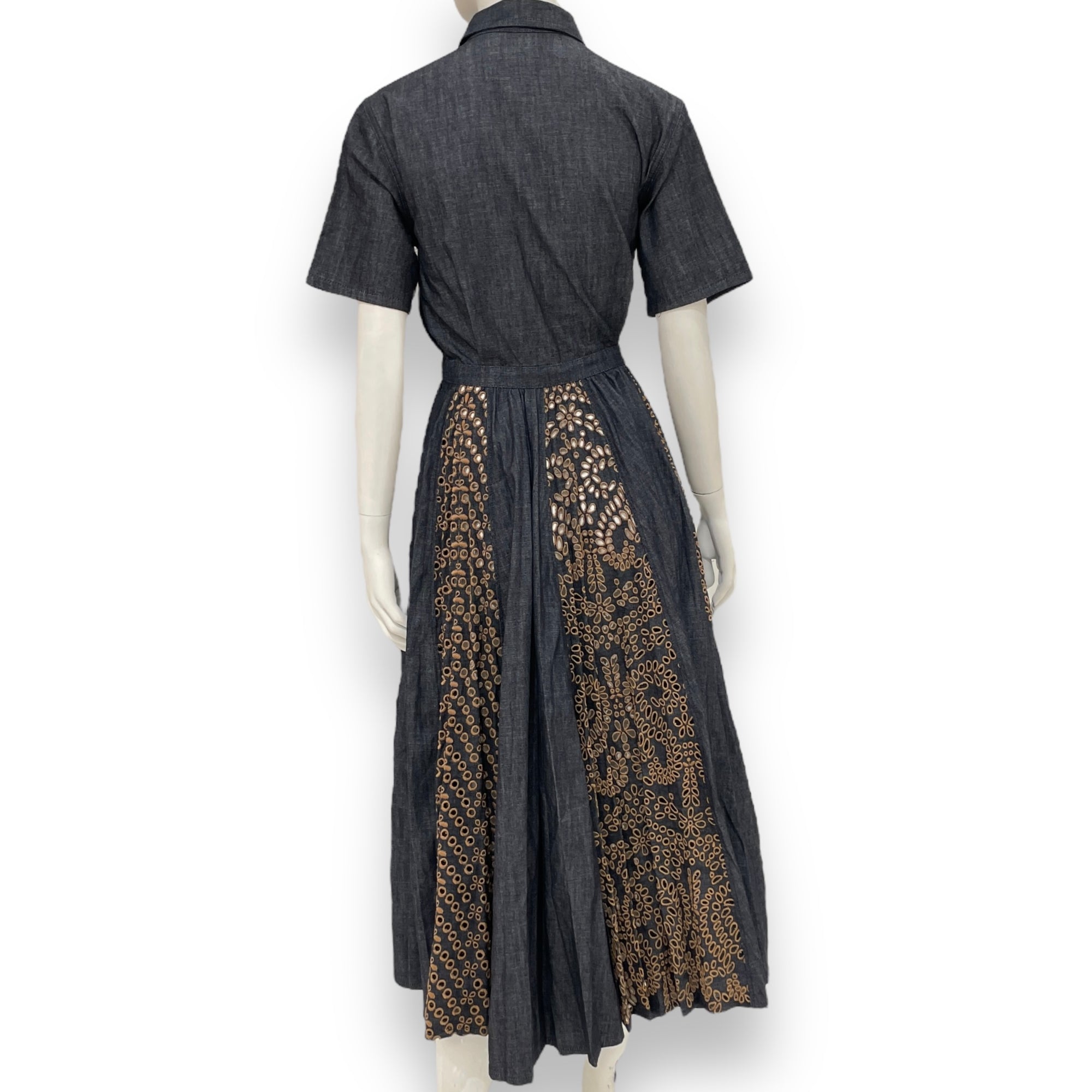 Denim Dress with Gold Coloured eyelet embroidery 34 Blue Ready-To-Wear in Cotton